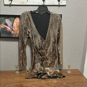 Fashion Nova Gold 3/4 Sleeve Wrap Blouse with Tie Front and Sequin